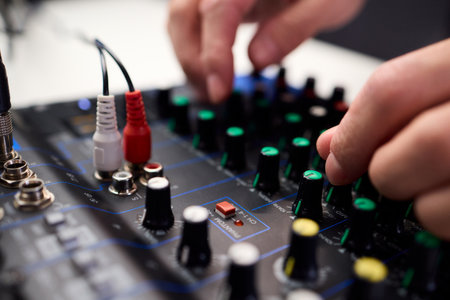 Closeup of hands adjusting mixer with glowing LED indicators and cables, Detailed image of operator...