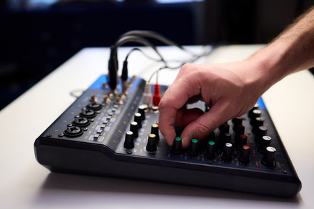 Tactile fingers manipulate illuminated dials during soundcheck setup, Professional technician...