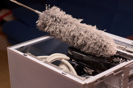 Cleaning computer components with brush. Closeup of dusty electronics being cleaned. Detailed shot...