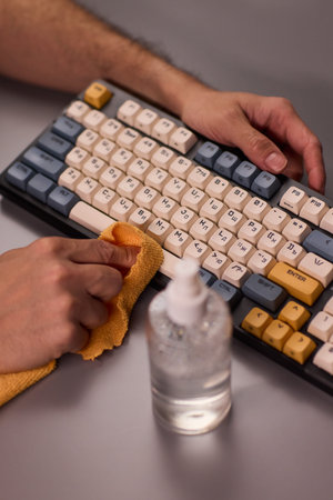 Hands cleaning mechanical keyboard with cloth, spray bottle on gray desk, closeup of keys, routine...