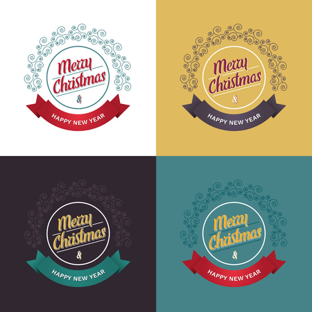 Collection of retro Christmas greeting cards - Merry Christmas and Happy New Year, four color variantionsのイラスト素材