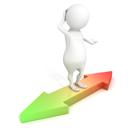 3d small person standing on green red arrows choice directions  concept business 3d render illustrationの写真素材