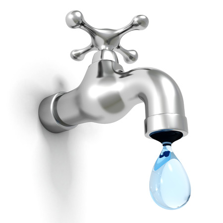 Dripping tap with drop on white backgroundの写真素材