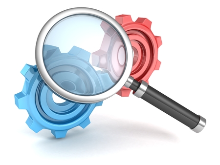 search magnifier glass with colorful connected work gearsの写真素材