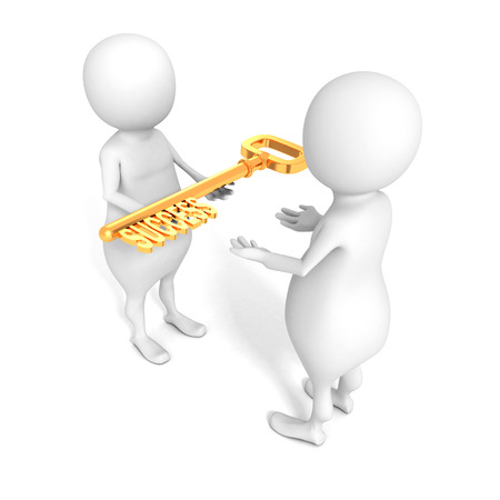 3d man is giving a golden key of success another partnerの写真素材