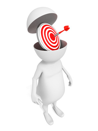 white 3d man with red darts target in opened headの写真素材
