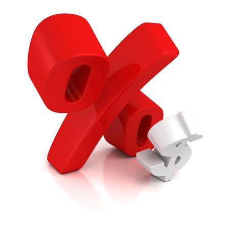 big red percent sign over small dollar symbolの写真素材