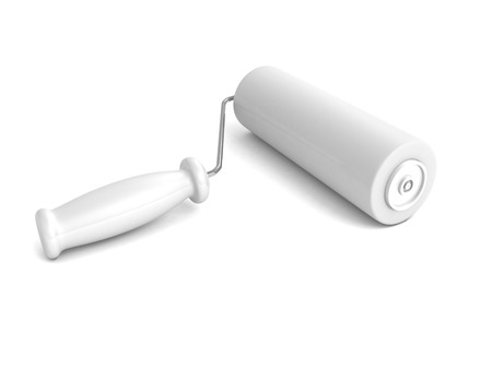 Clean new paint roller on white backgroundの写真素材