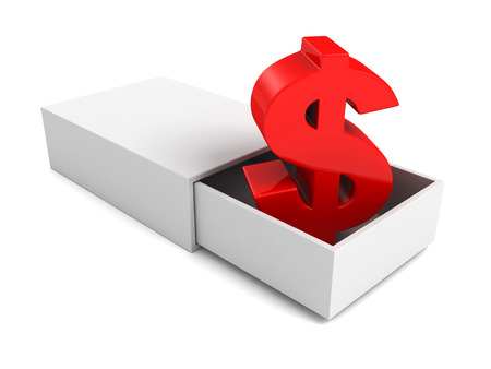 red dollar currency symbol in open white boxの写真素材