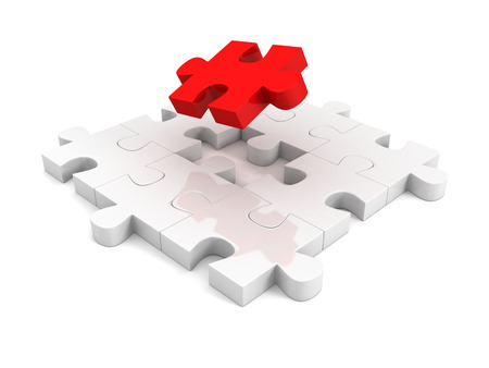 different red piece of jigsaw puzzle structure. individual teamwork leadership concept 3d illustrationの写真素材
