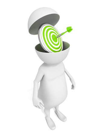 white 3d man with green darts target in opened head. concept 3d render illustrationの写真素材