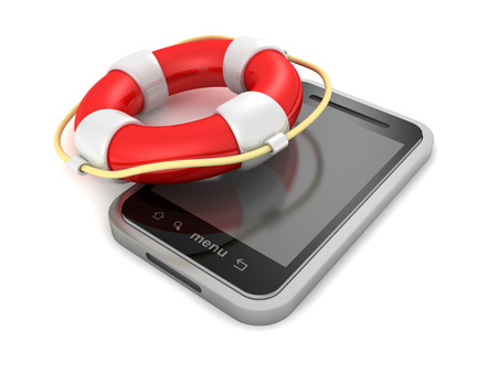 smartphone with red lifebuoy on white backgroundの写真素材