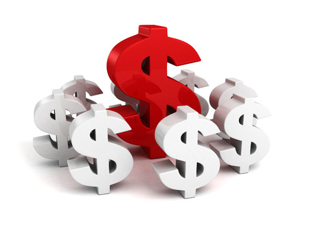 big red dollar currency symbol as leader of white groupの写真素材