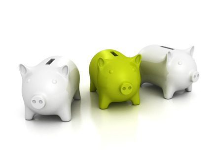 green piggy bank out from two whiteの写真素材