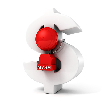 fire alarm on big dollar currency symbol white backgroundの写真素材