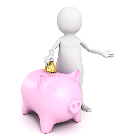 3d business man with piggy bank and golden coinの写真素材
