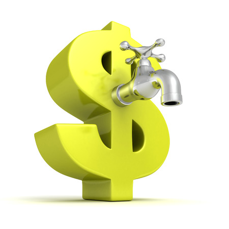 big green dollar symbol with metallic water tap faucetの写真素材