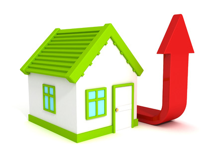 house with red growing arrow, real estate price rising concept 3d render illustrationの写真素材