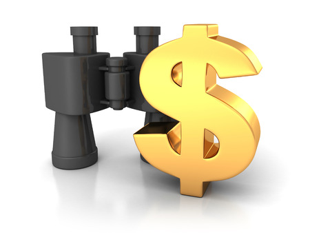 Big golden dollar symbol with binoculars on white reflectionの写真素材