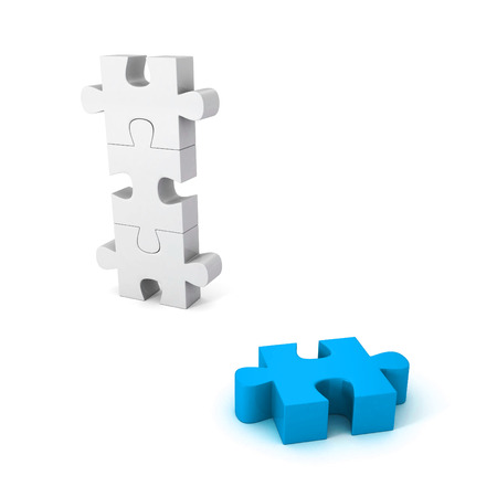 different blue jigsaw puzzle piece out from white groupの写真素材