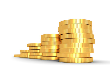 Successful growing golden coins bar chart on white background. Business finance profit concepr 3d renderの写真素材