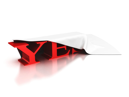 red word 'YES' with reflections under cloth on white backgroundの写真素材