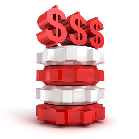 three red dollar currency symbols on stack of concept work gears on white backgroundの写真素材