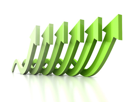 growing wave arrows green group on white reflectionの写真素材