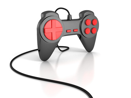 black joystick with cable for computer game playing on white backgroundの写真素材