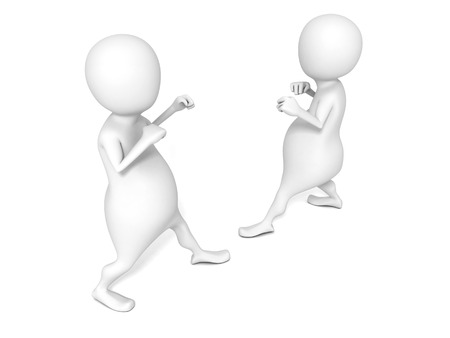 Two 3D men in fighting position isolated on white backgroundの写真素材