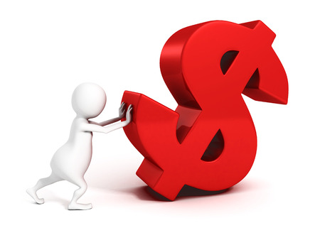 3d businessman pushing red dollar currency symbolの写真素材