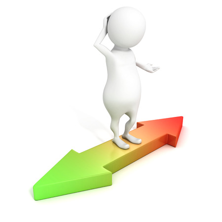 3d small person standing on green red arrows choice directions. concept business 3d render illustrationの写真素材