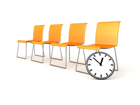 yellow waiting chairs with classic wall clock. 3d render illustrationの写真素材