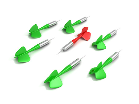 different red dart arrow out from others green set. Leadership business success concept 3d render illustrationの写真素材