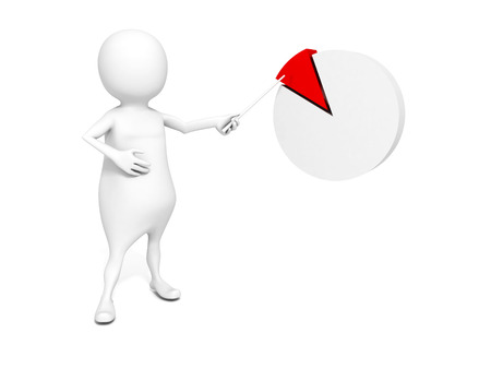 white 3d businessmen pointing pie chart with red partの写真素材