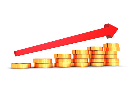 bar chart diagram of golden dollar coins with growing arrow on white background. business success finance profit concept. 3d render.の写真素材