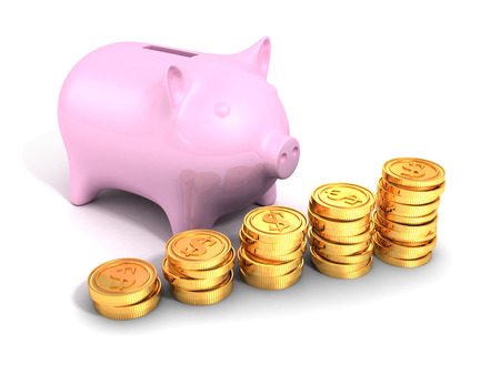 Piggy money bank with golden dollar coins chartの写真素材