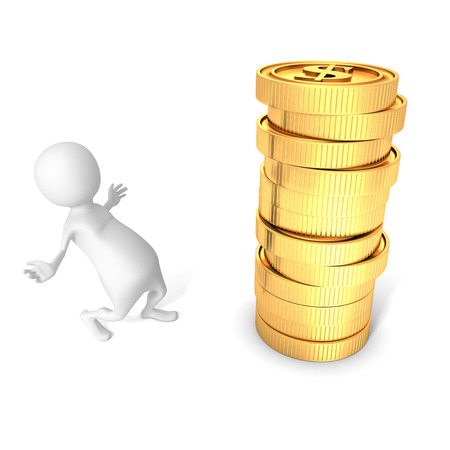 white 3d man and a stack of golden dollar coinsの写真素材