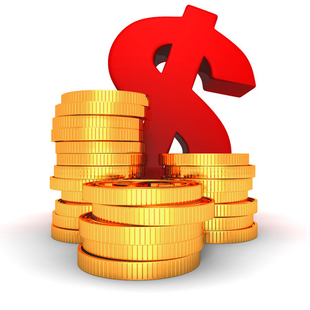 Stacks of gold coins and red dollar symbolの写真素材