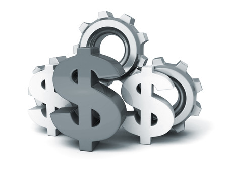dollar symbol and cogwheel gears on white backgroundの写真素材