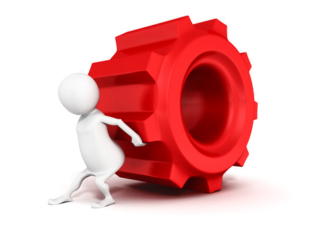 3d person pushing red cogwheel gearの写真素材