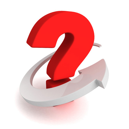 Big red question mark with white arrow around. 3d render illustrationの写真素材