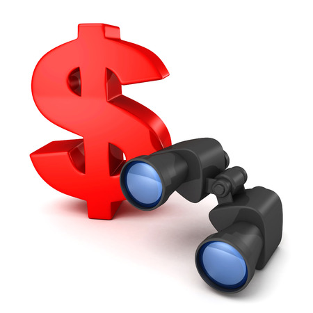 Big red dollar symbol with binoculars on white reflectionの写真素材