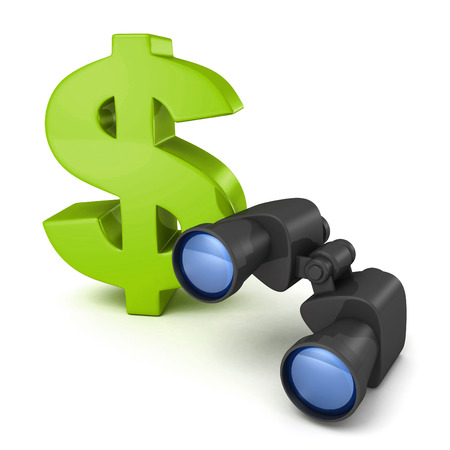 Big green dollar symbol with binoculars on white reflectionの写真素材