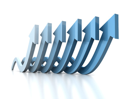 growing wave arrows blue group on white reflectionの写真素材