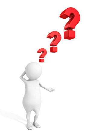 white 3d business man thinking with red question marksの写真素材