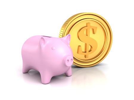 piggy money bank with golden dollar coin on white. business banking financial concept 3d render illustrationの写真素材