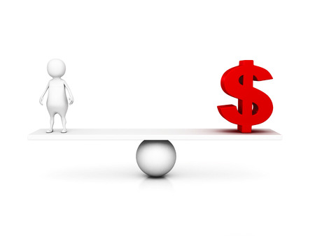 3d man and dollar currency symbol on balance scale. business concept 3d render illustrationの写真素材
