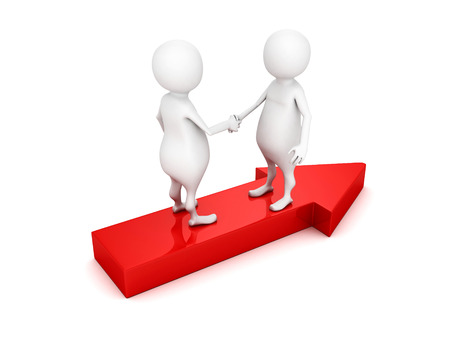 3d people shaking hands on red arrow. business partnership conceptの写真素材
