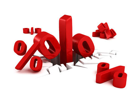many red percent symbols with one in hole. sale business concept 3d render illustrationの写真素材